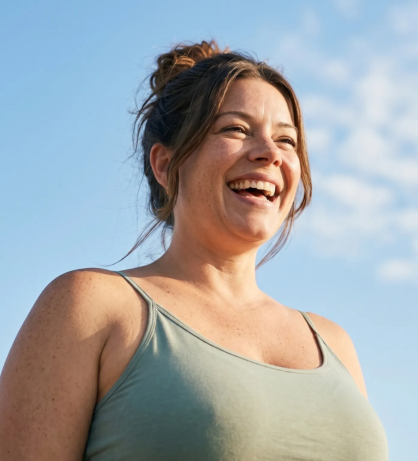 Lachende Frau im Freien vor blauem Himmel