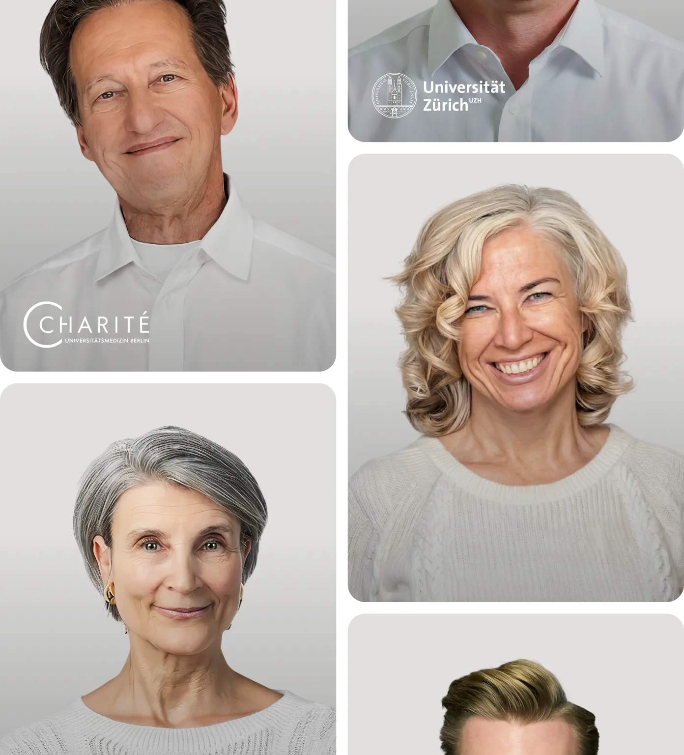 Porträts unserer Schweizer Ärztinnen und Ärzte mit Logos ihrer Kliniken und Universitäten