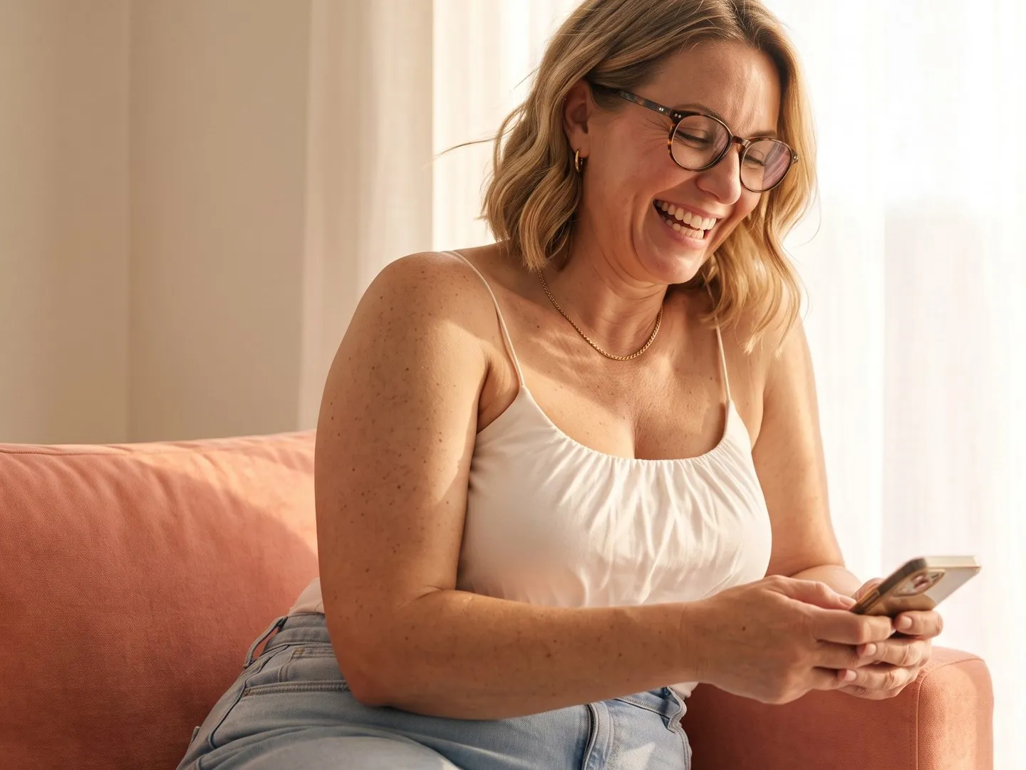 Frau auf dem Sofa, die auf ihrem Smartphone mit ihrer Ärztin chattet
