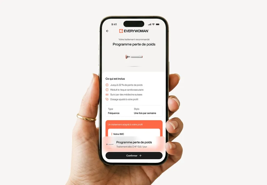 Smartphone avec traitement de perte de poids recommandé, vue d'ensemble des prestations et bouton de confirmation